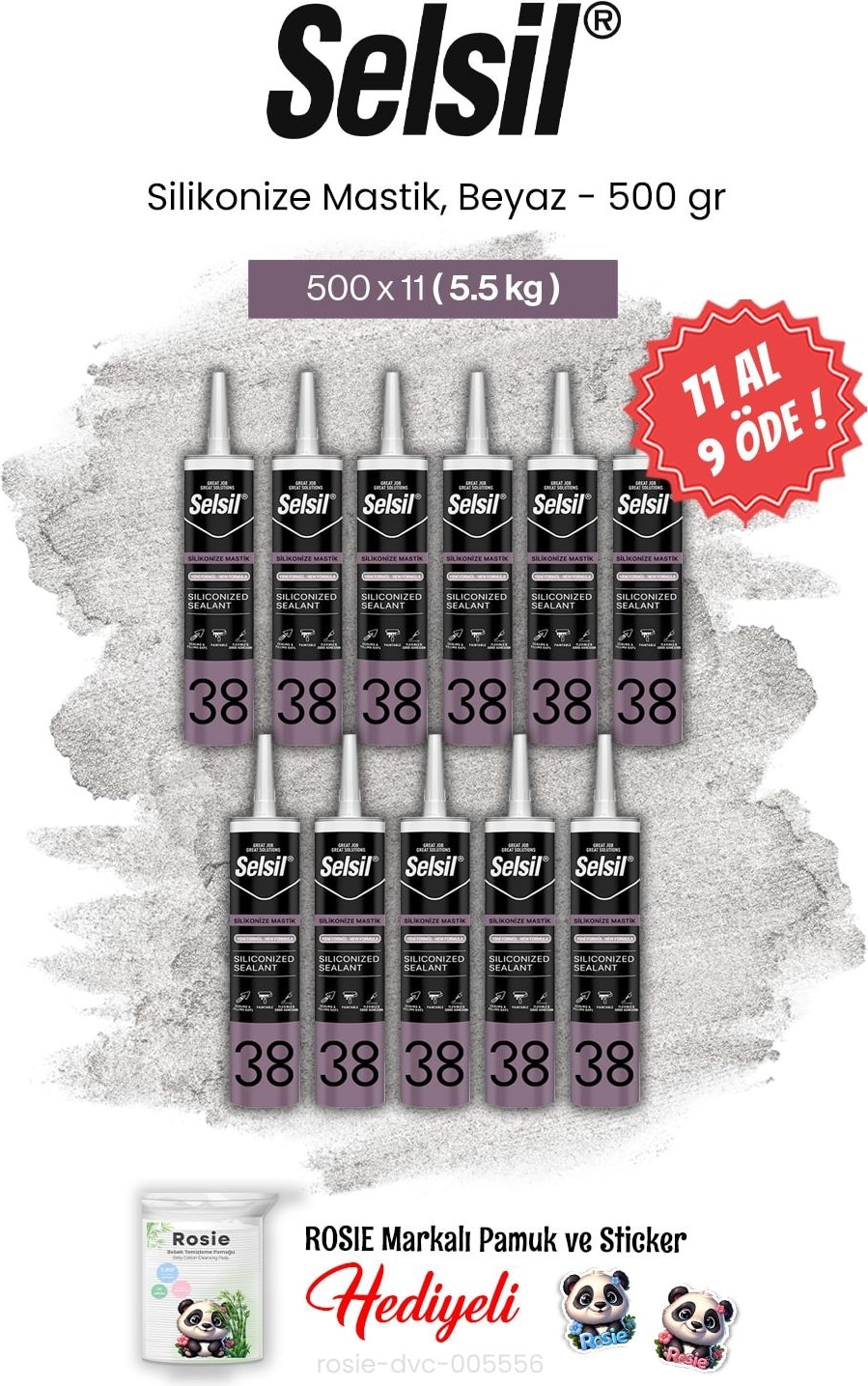 500 Gr, Silikonize Mastik, Beyaz 11 Al 9 Öde ve Rosie Pamuk