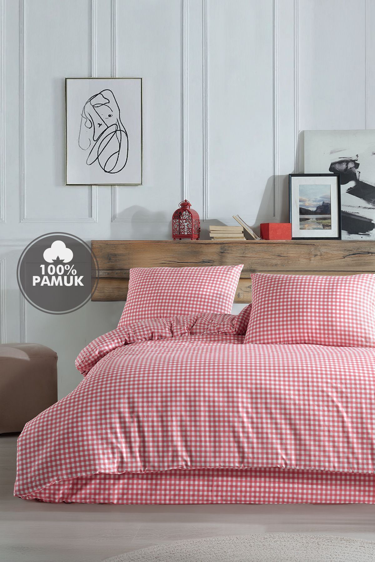 Mini Kare Pembe %100 Pamuk Battal Boy Nevresim Takımı