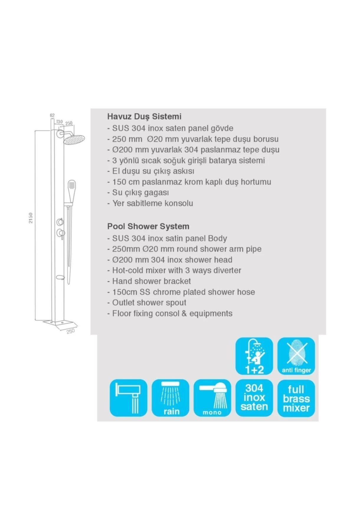 Paslanmaz Havuz Duş Sistemi Mhd-001