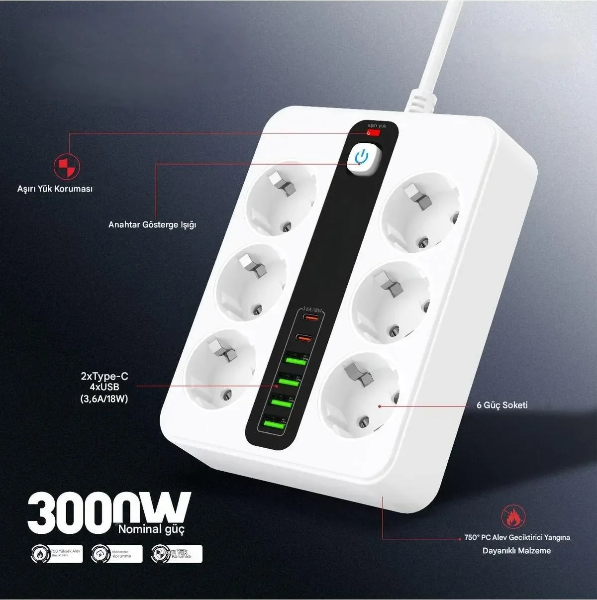 6'lı Grup Priz 4xusb 2xtype-C Çıkışlı Isıya Dayanıklı Power Tuşlu 2 mt Kablolu Priz Çoğaltıcı