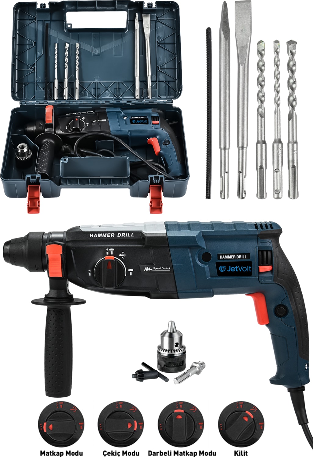 850W Metal Şanzıman Darbeli Matkap Kırıcı Delici Hilti 2-28MM - Mavi