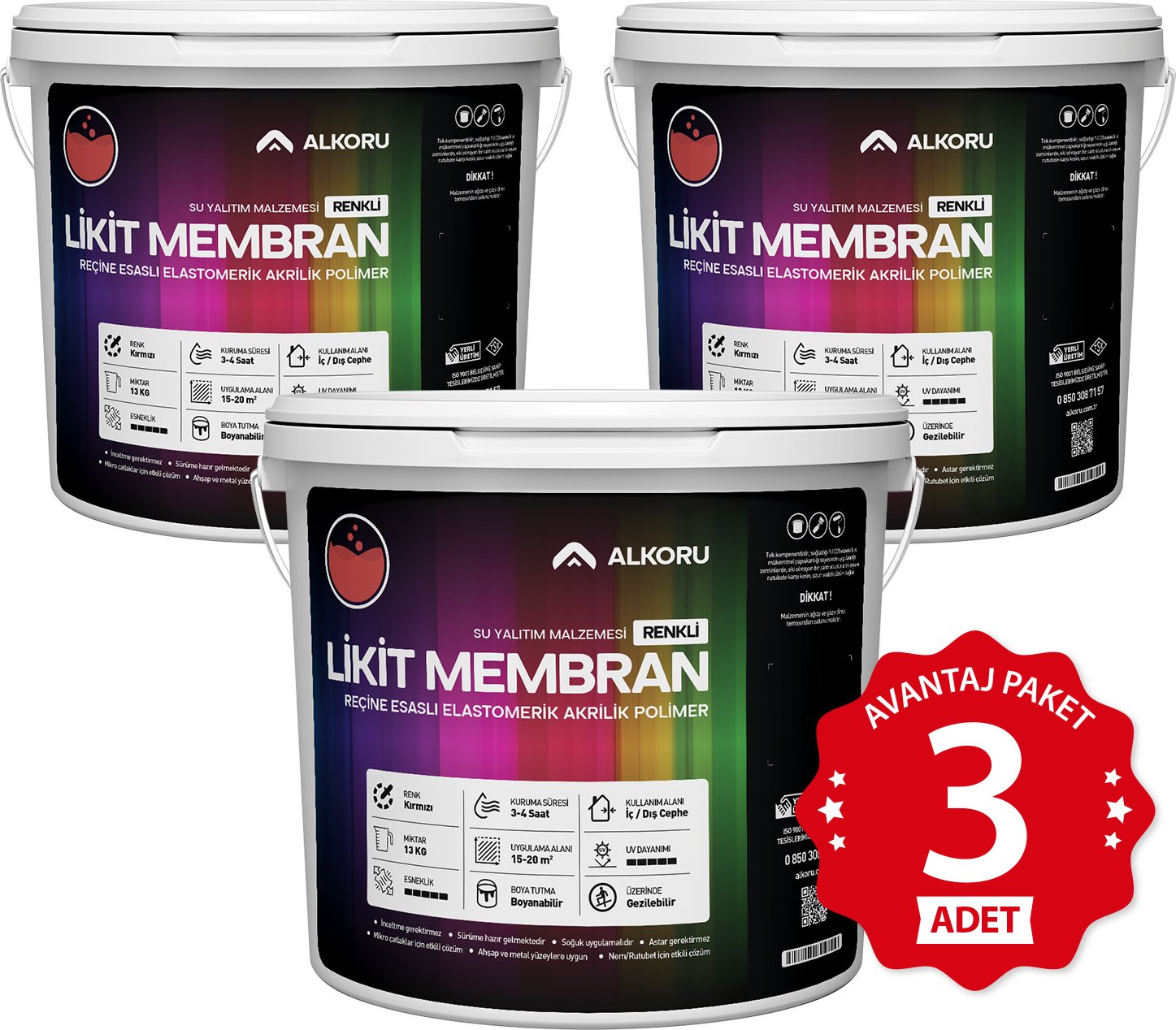 3 Adet 13 kg Kırmızı Likit Membran Renkli Reçine Esaslı Sıvı Su Yalıtım Malzemesi Avantaj Paket
