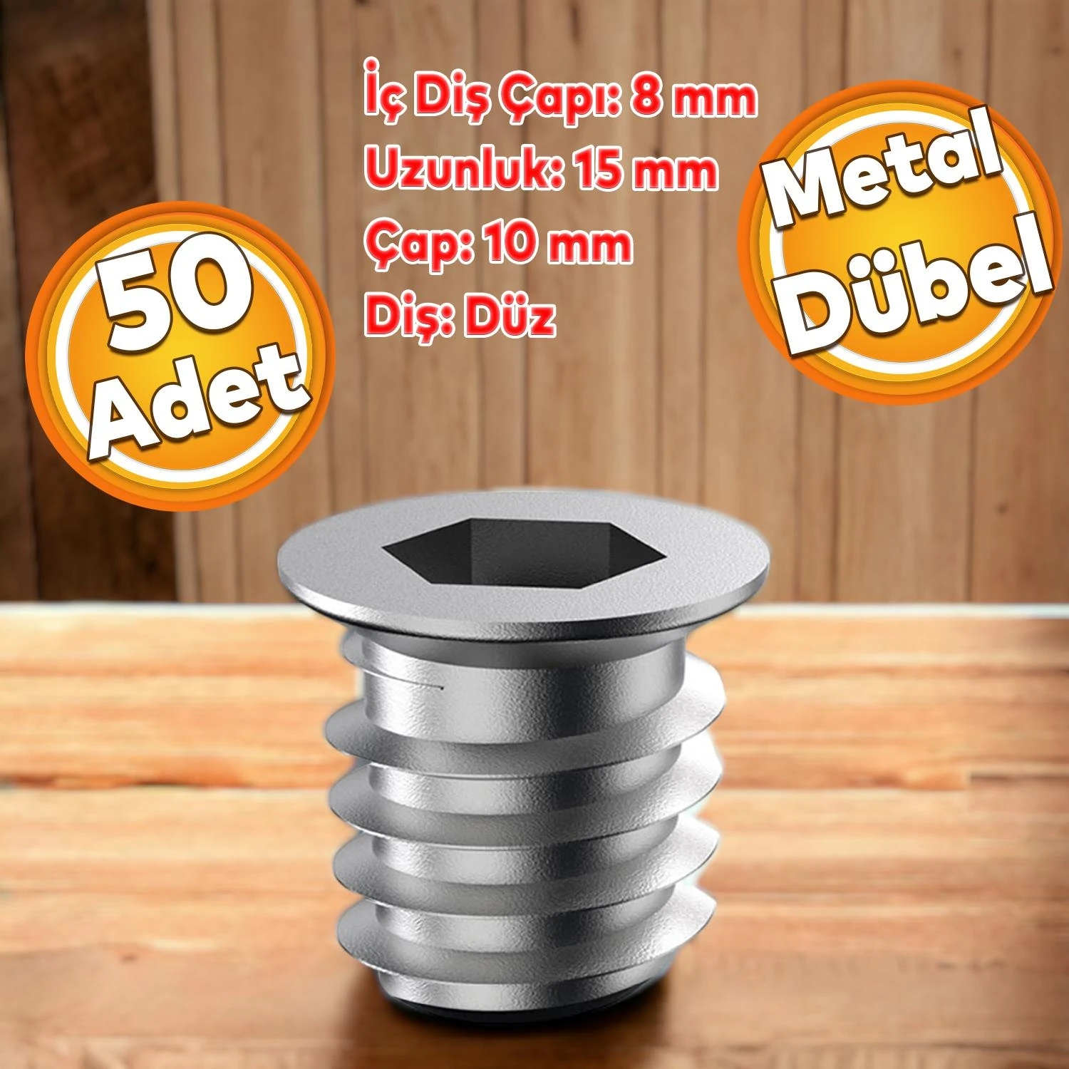 Metal Düz Dişli Dübel Ahşap Dübeli M8 10X15 Diş Çinko Mobilya Bağlantı Ünite Birleştirme (50 Adet)