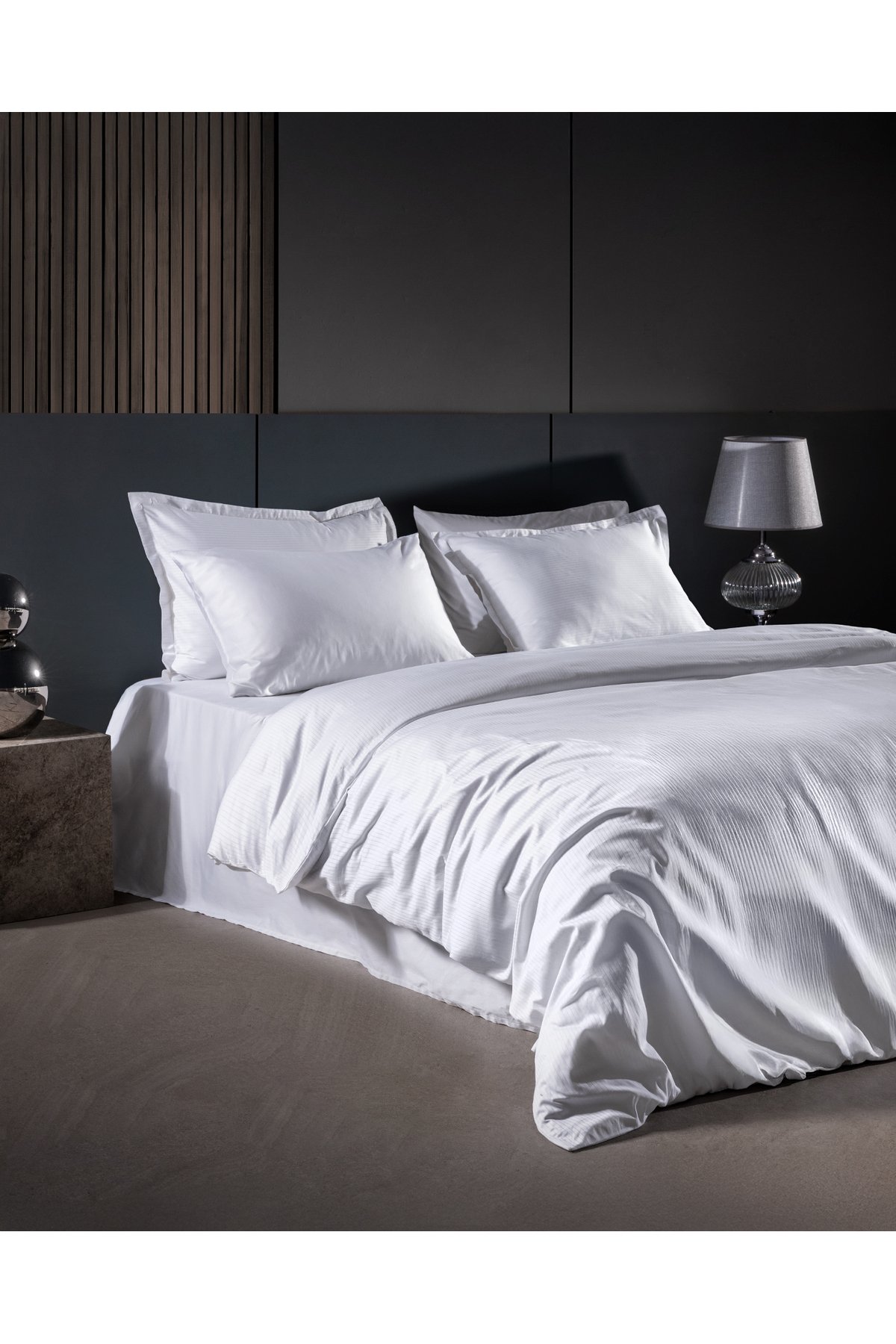 Thalie King Size %100 Pamuk Çizgili - 300TC Saten Nevresim Takımı - Beyaz