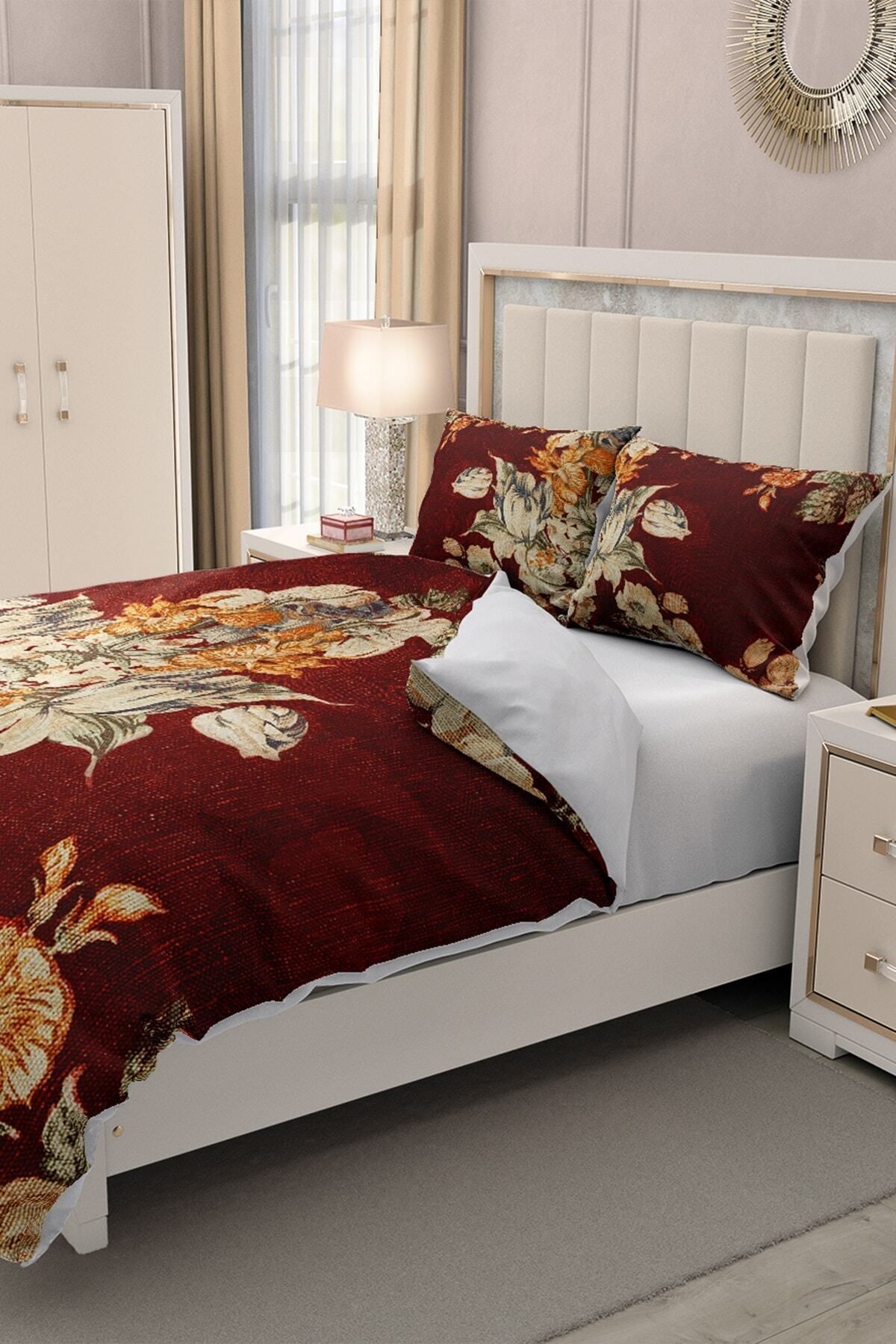 Lastikli Çarşaflı %100 Pamuk Saten Çift Kişilik Nevresim Takımı Glazed Bouquet
