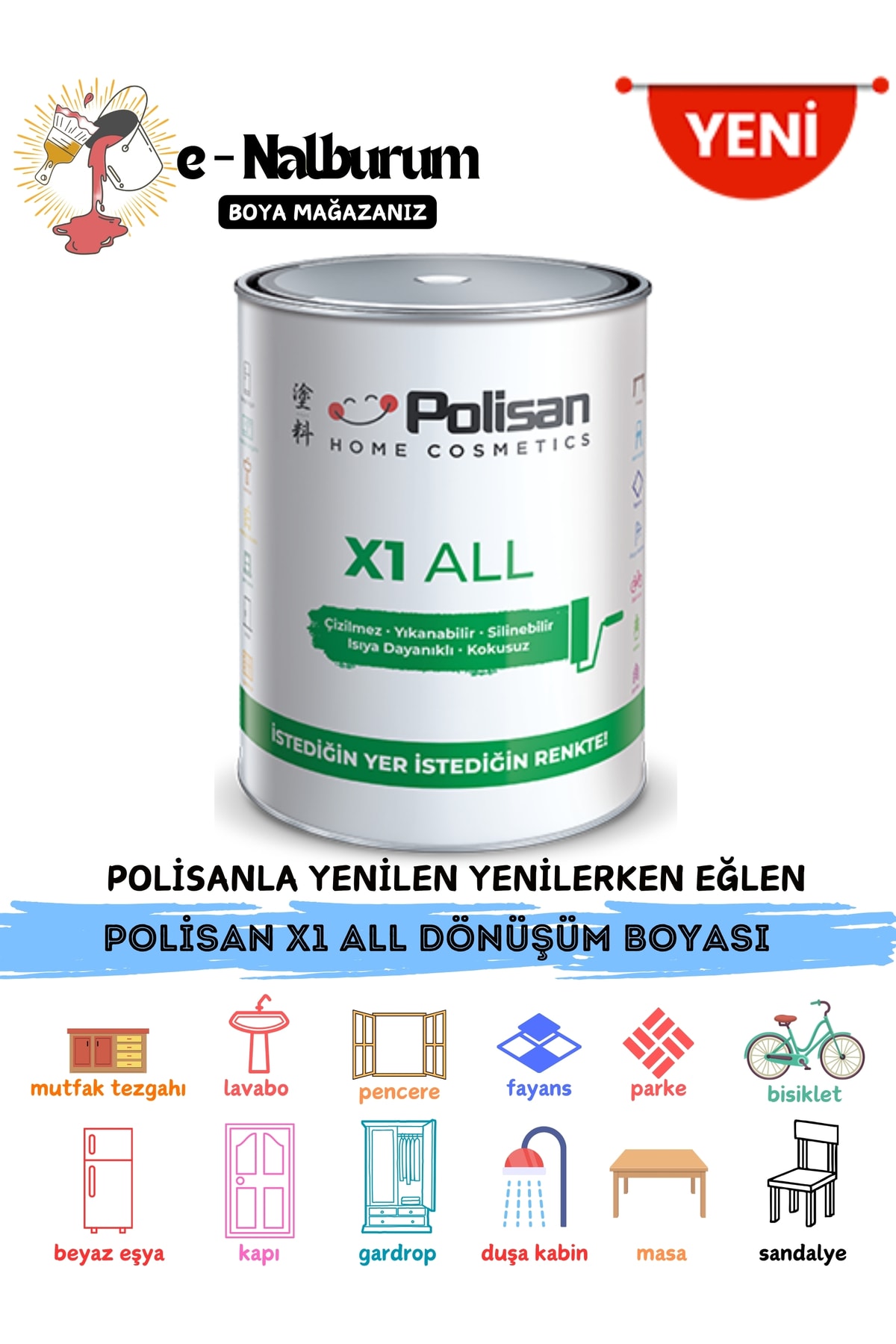 X1 All ile İstediğini Boya-Çizilmez-Kokusuz-Yıkanabilir Dönüşüm  Boyası 0.75lt