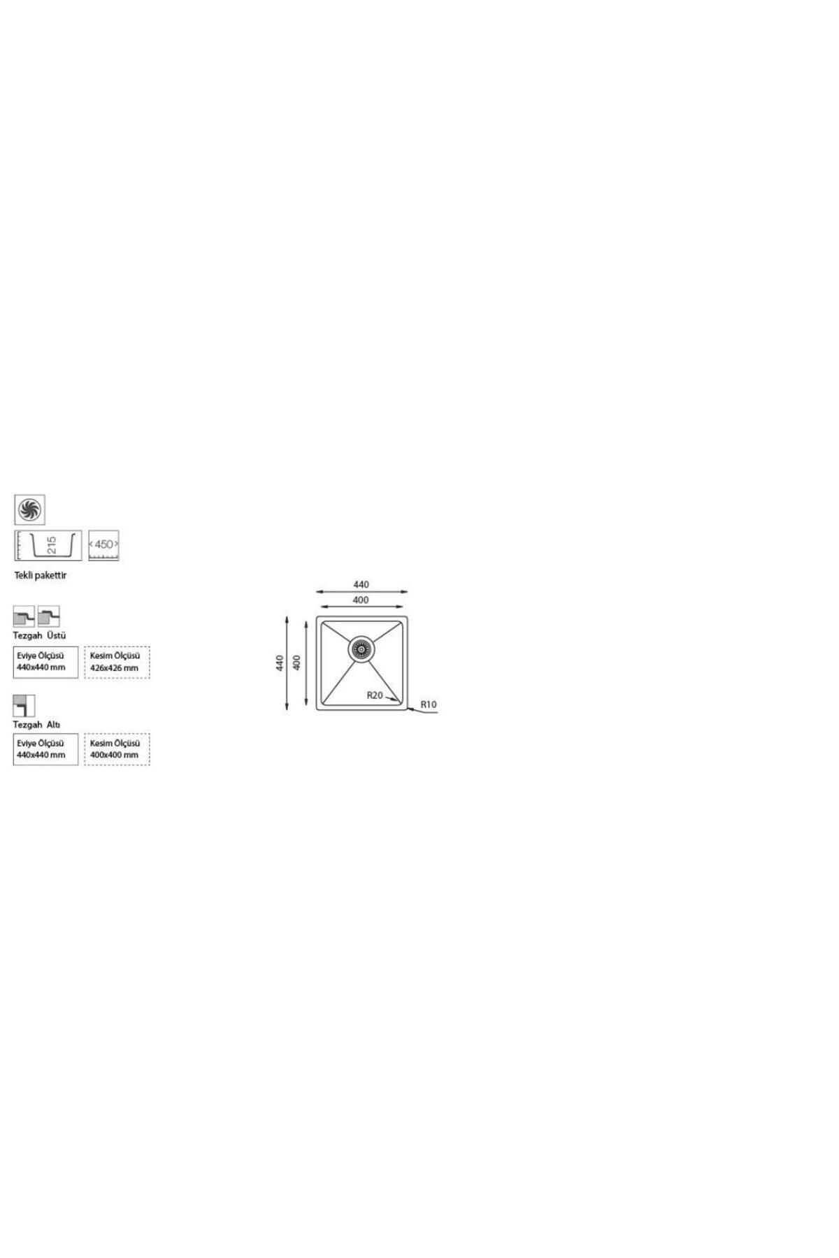 Me 400 Tezgah altı Paslanmaz Çelik Evye, 40x40cm