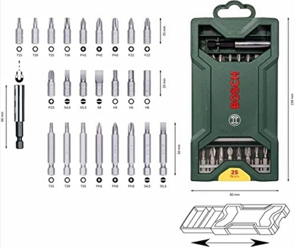 BOSCH Ixo 7 Nesil Mini Akülü Vidalama Şarjlı Tornavida+ 25 Parça Vidalama Ucu Seti ve Metre