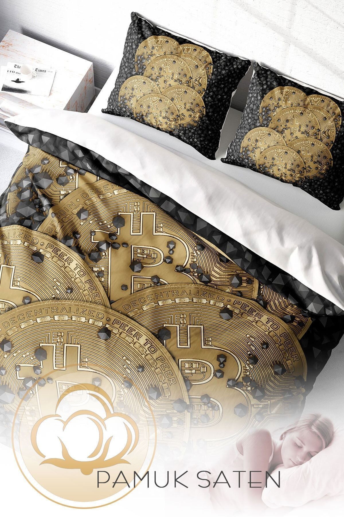 Nevresim Takımı %100 Doğal Pamuk Çift Kişilik 3d Digital Bitcoin-1