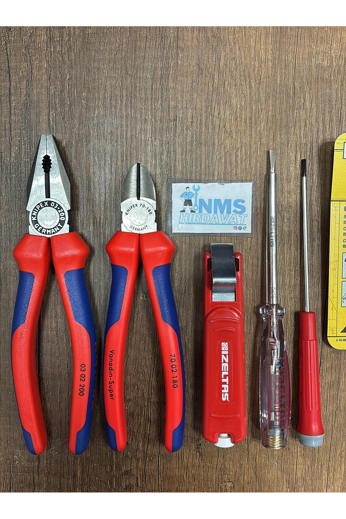 6 Parça Tam Profesyonel Usta Seti. 200 Mm Pense, 180 Mm Yan Keski, İzeltaş Set NMS HIRDAVAT