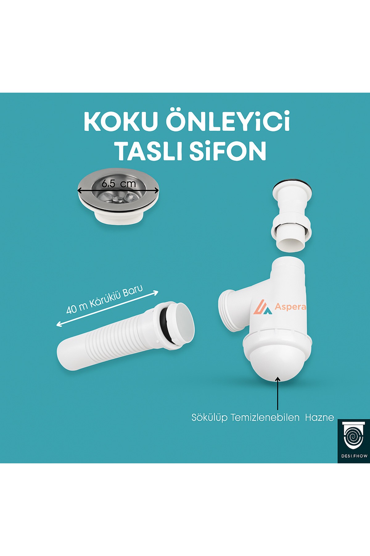 Koku Önleyici Taslı Lavabo Sifonu - Temizlenebilir Hazne, Körüklü Boru, Paslanmaz Giriş