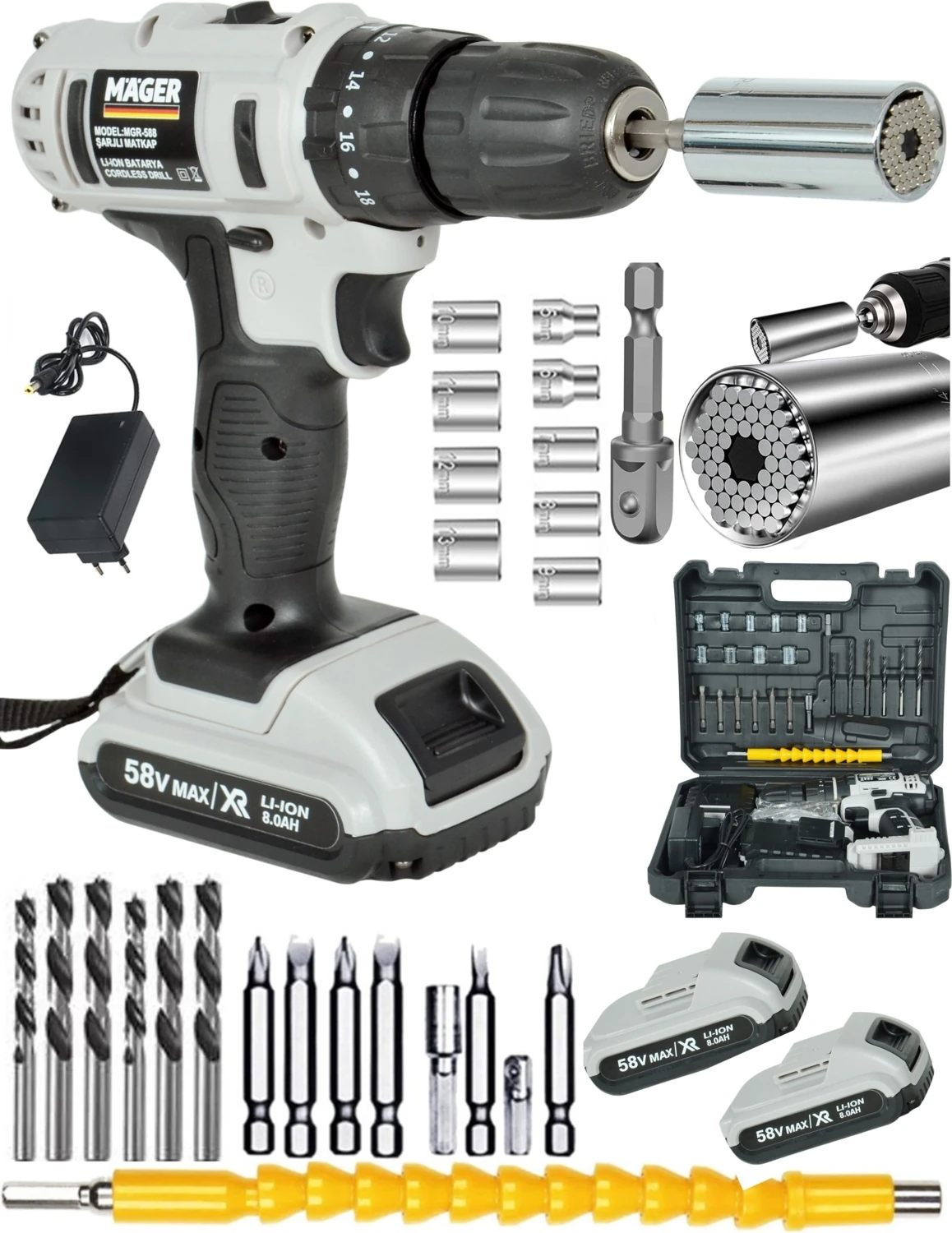 58 Watt 8 Ah Darbeli Çift Akülü Şarjlı Vidalama Matkap ve Efsane Soket Gator Grip