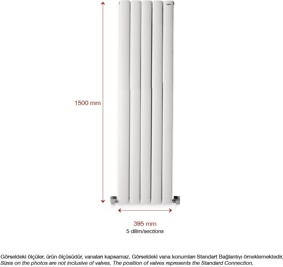 1500 x 395 mm Lilac Dikey Beyaz Alüminyum Radyatör Standart Bağlantı