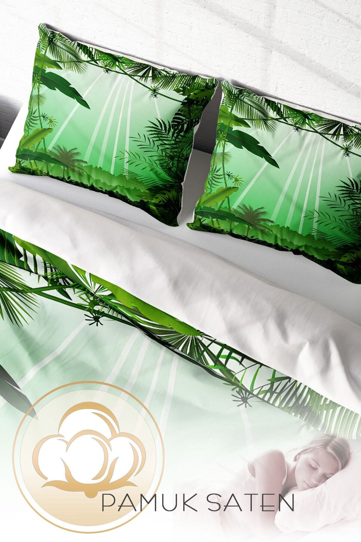 Kıng Sıze Green Life 3d Pamuk Saten Çift Kişilik Nevresim Takımı 220x240cm