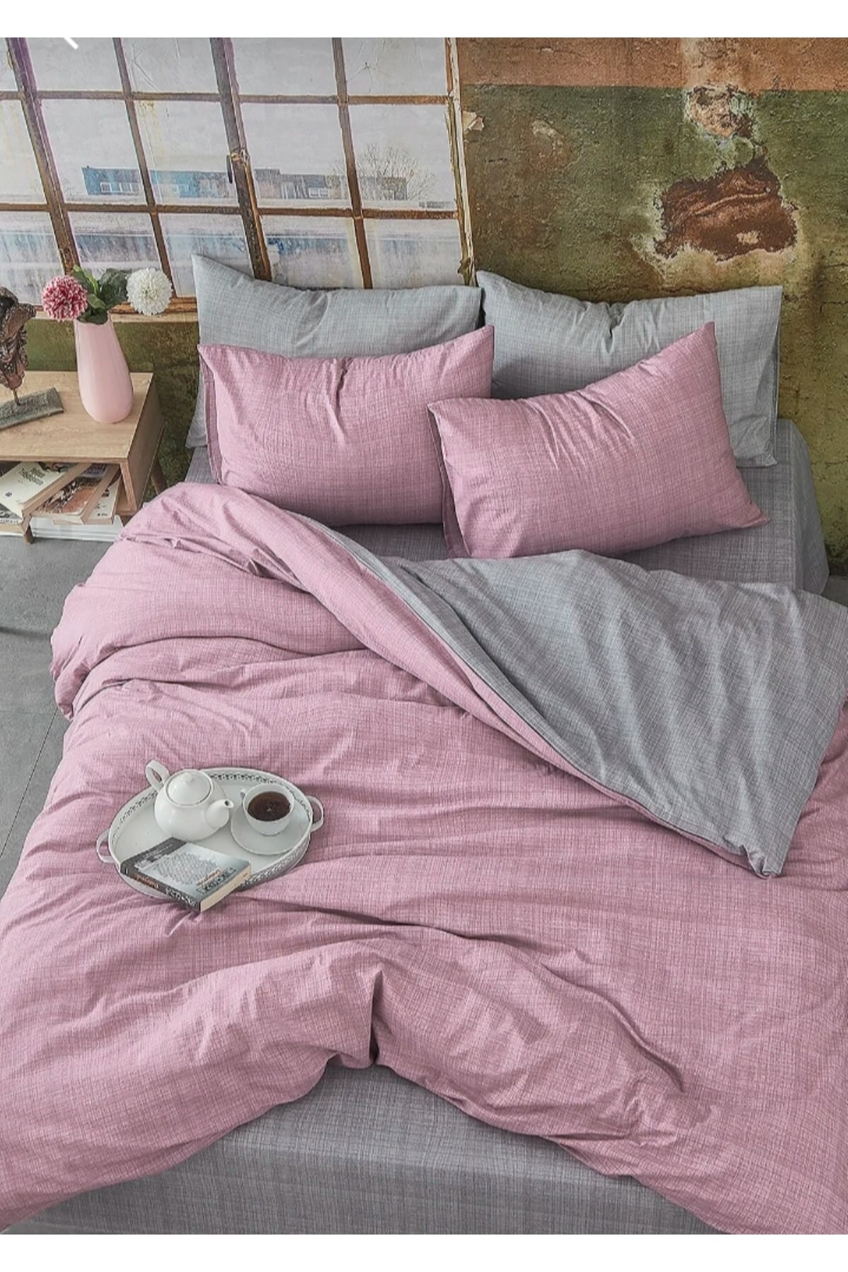 SET -Pudra gri çift yönlü battal boy nevresim Seti