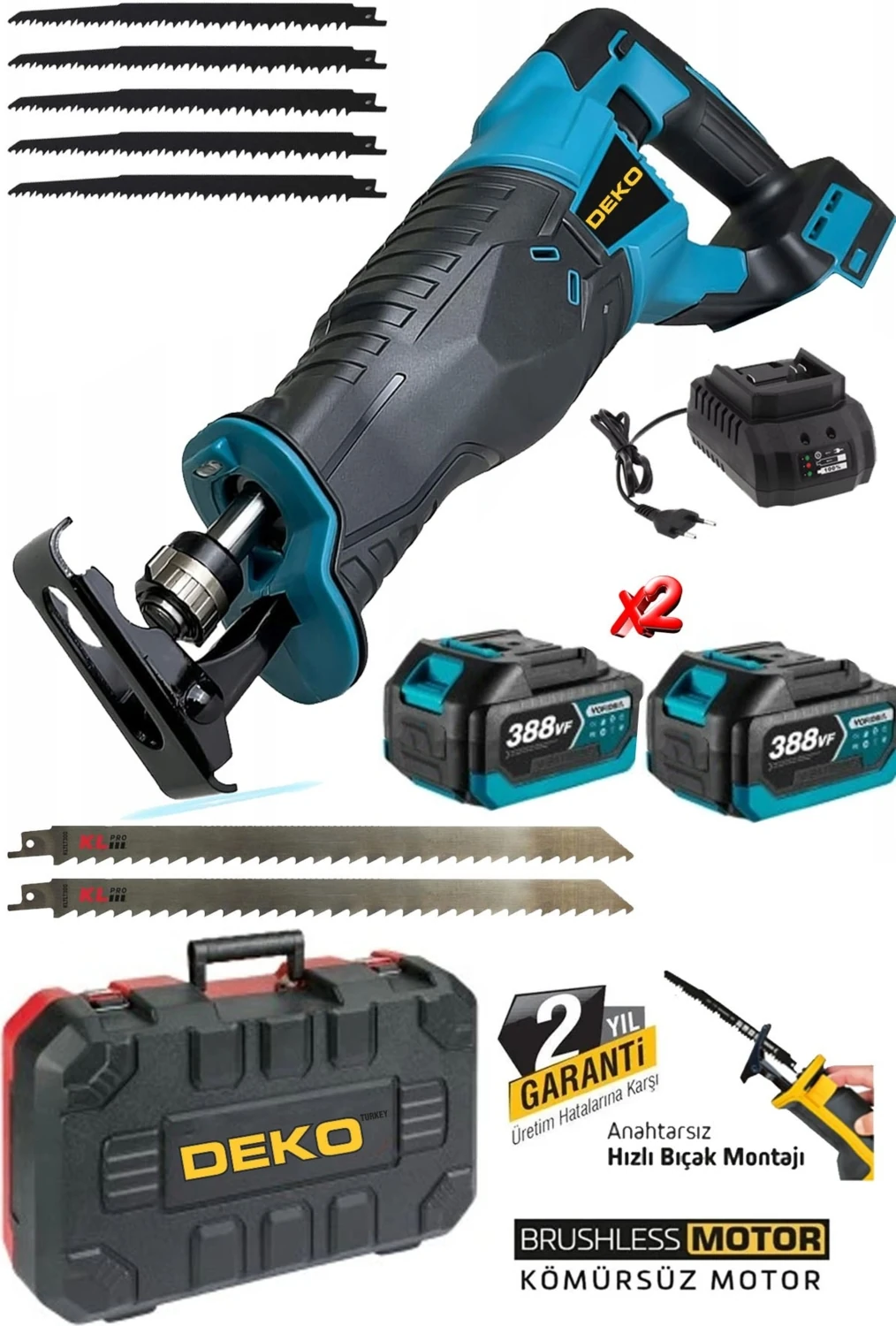 Bl Motor Çift Akülü 388VF 10AH Akülü Tilki Kuyruğu Testere Tuğla Beton Tahta Kesme Mak + 7 Ad Bıçak