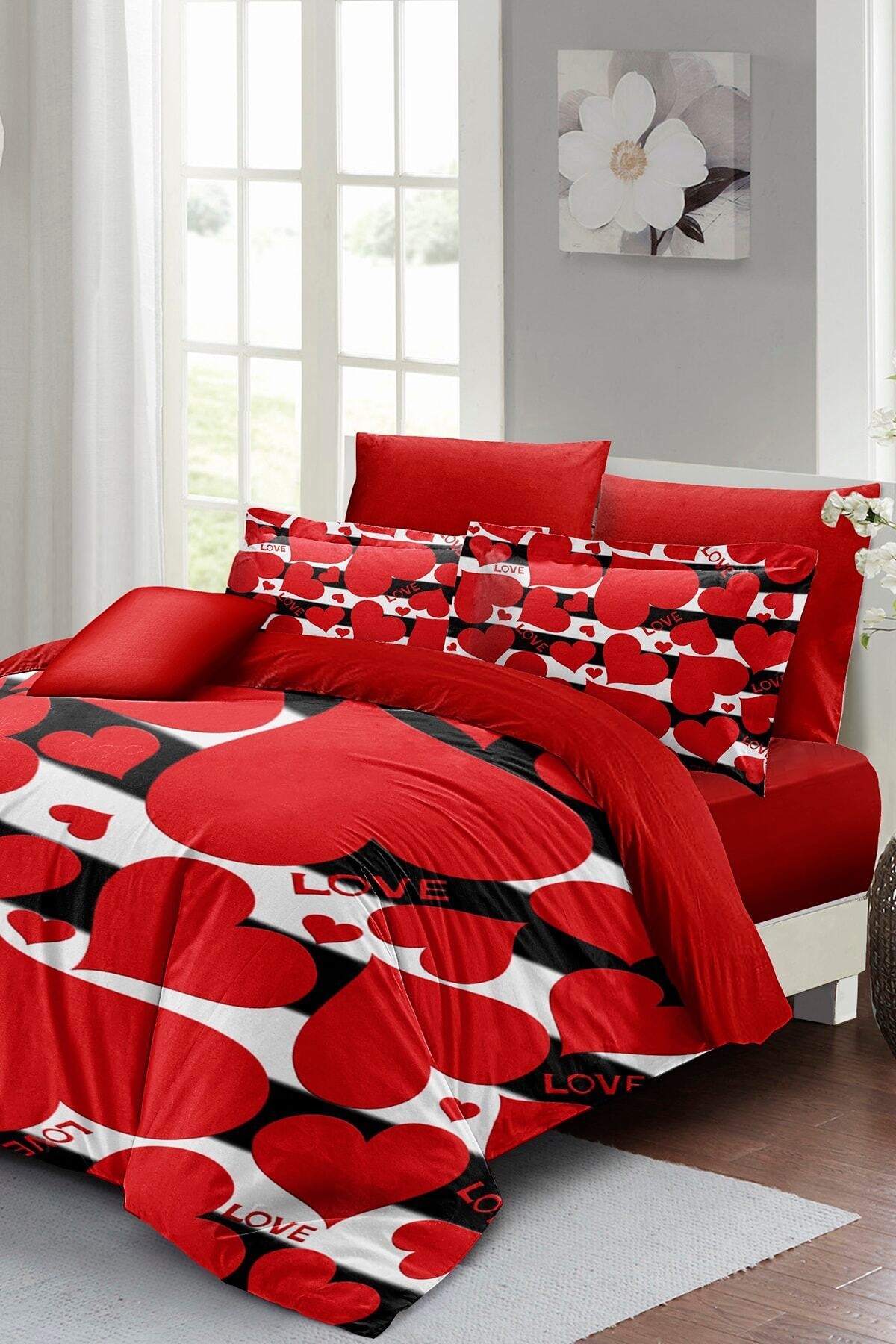KING SIZE Sevgililer Günü Çift Kişilik Nevresim Takımı%100 Pamuk Saten Big Love