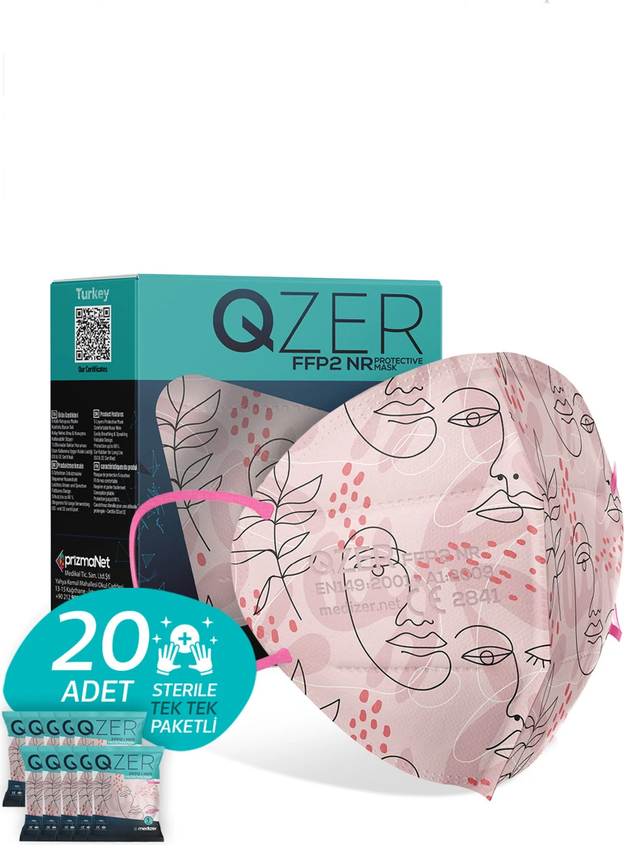 Qzer Çizgisel Kadın Desenli Ffp2 N95 Maske 5 Katmanlı
