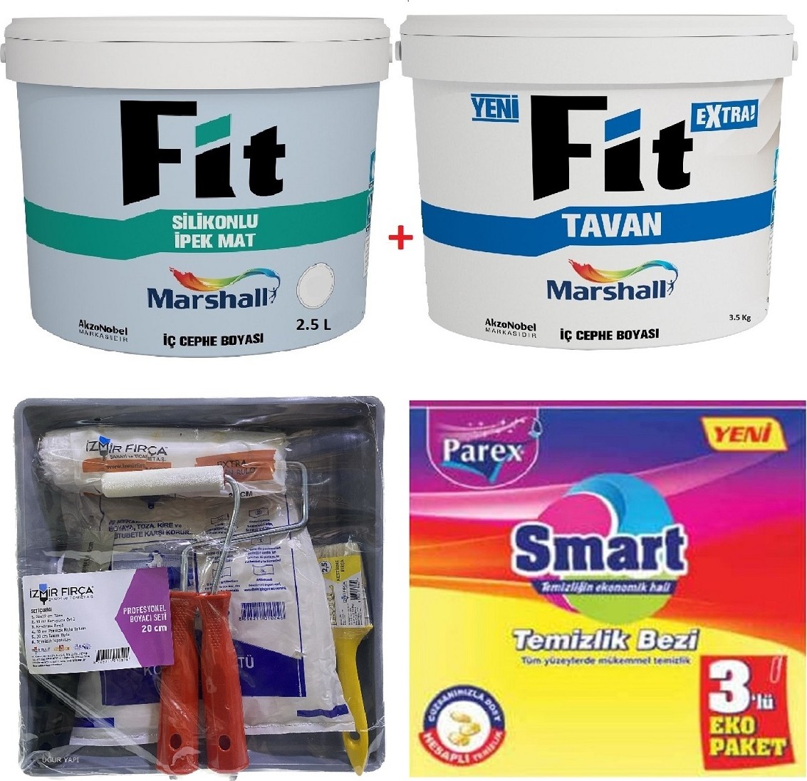 Fit Silikonlu İpek Mat Silinebilir Duvar Boyası 3.5 kg +  Fit Extra Tavan Boyası 3.5 kg + Duvar Boyama Seti