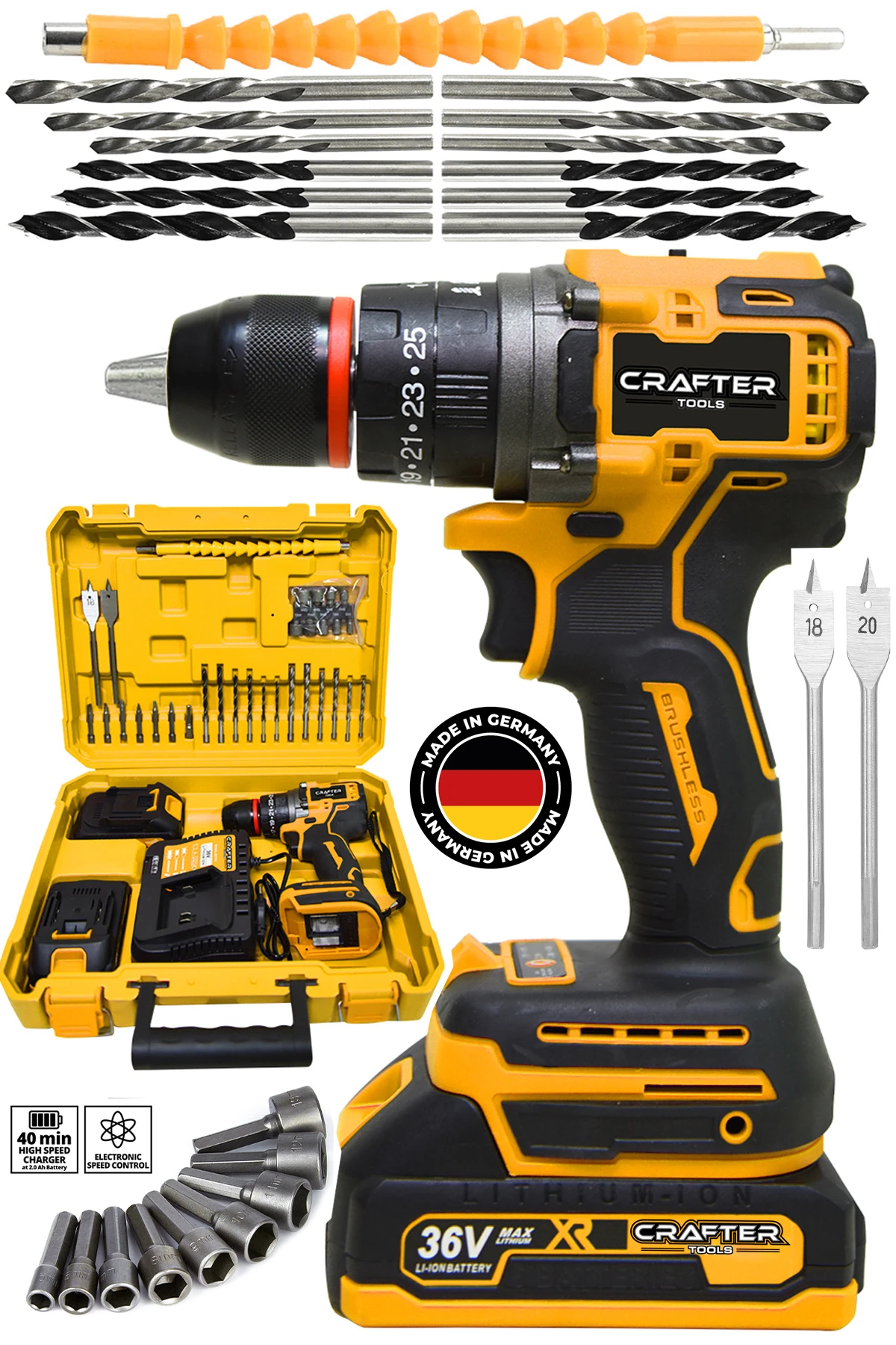 36V 5Ah Kömürsüz Motor Çelik Mandren Akülü Vidalama Darbeli Şarjlı Matkap Seti Sarı ALT101
