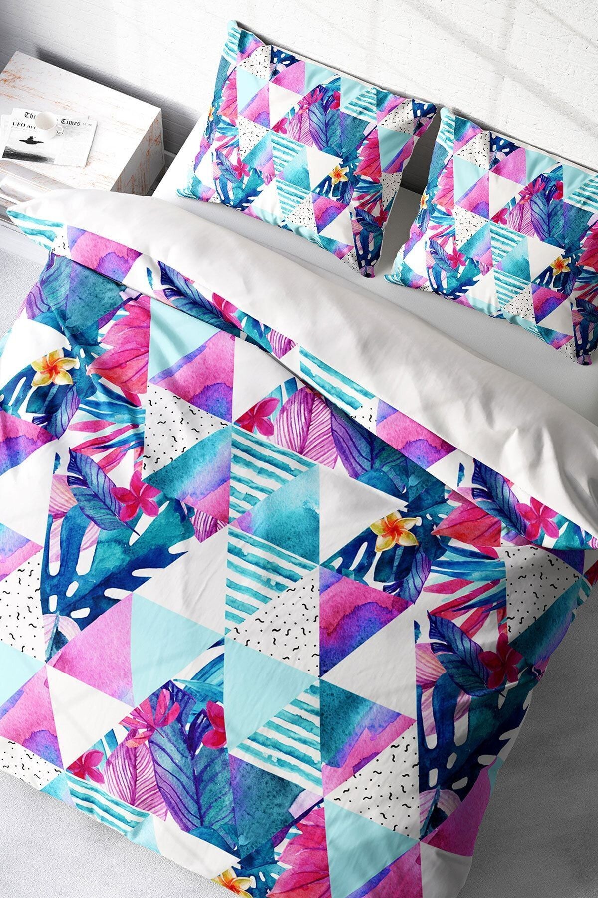 Geometric Tropical 3d Pamuk Saten Çift Kişilik Nevresim Takımı