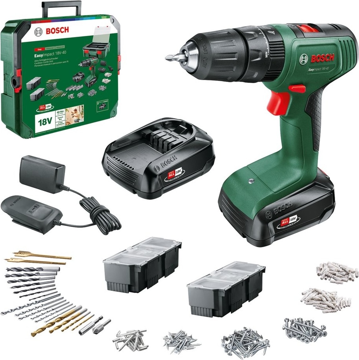 BOSCH Easyımpact 18V-40 1.5AH Çift Akü Darbeli Delme/vidalama + 241 Parça Aksesuar Seti