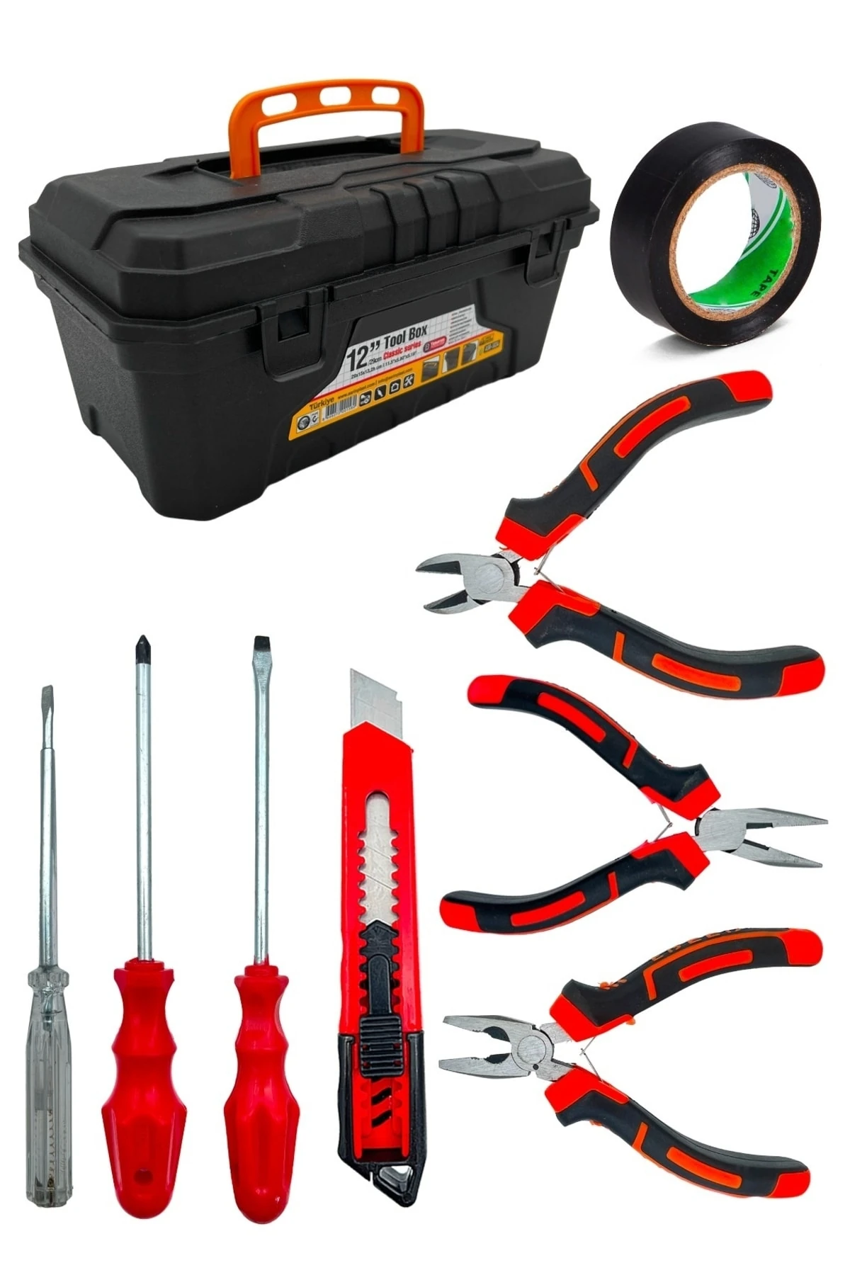 3 Lü Mini Pense Yan Keski Kargaburnu Set+3 Lü Tornavida+falçata+bant Takım Çantası Seti.