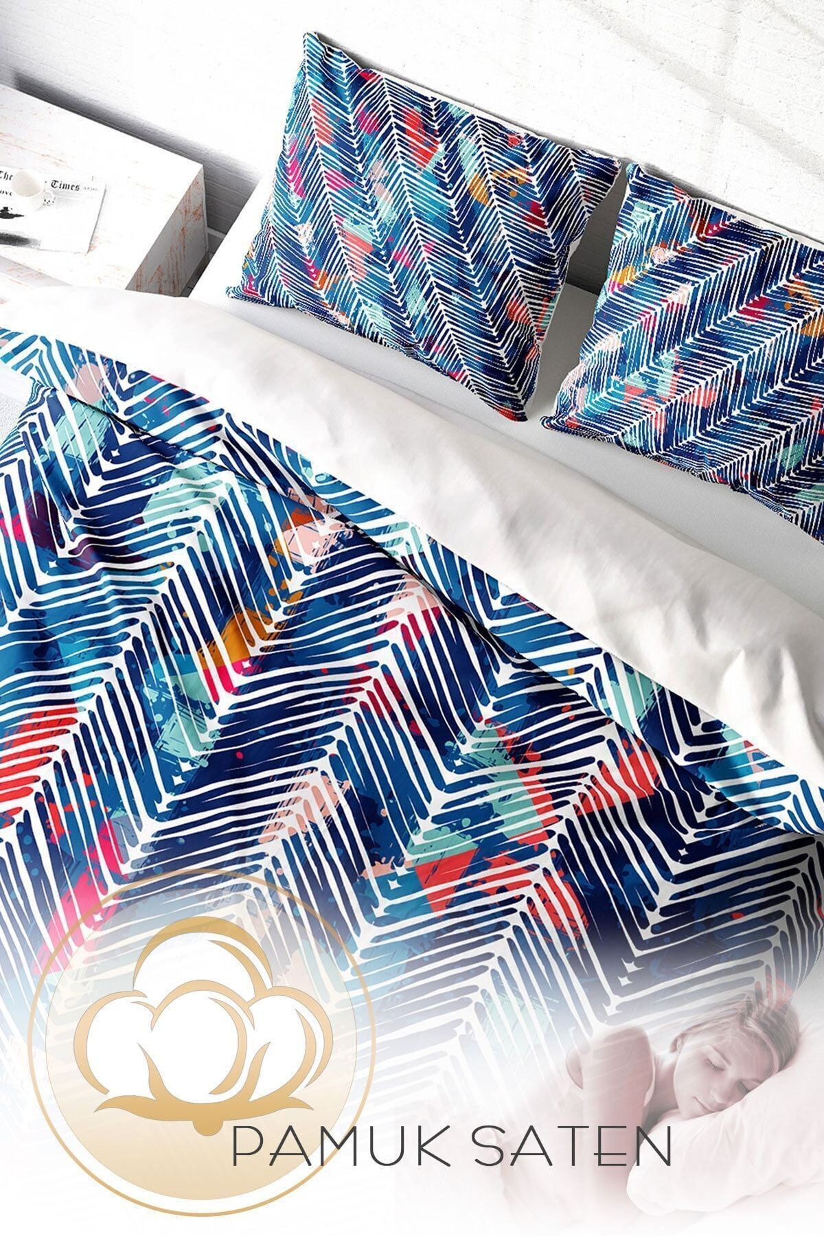 Nevresim Takımı %100 Doğal Pamuk Çift Kişilik 3d Digital Blue Pattern