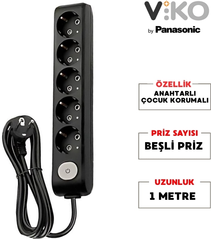 | Beşli Grup Priz, Anahtarlı Topraklı - Çocuk Korumalı Çoğaltıcı Priz, 5'li, 1 M, Siyah