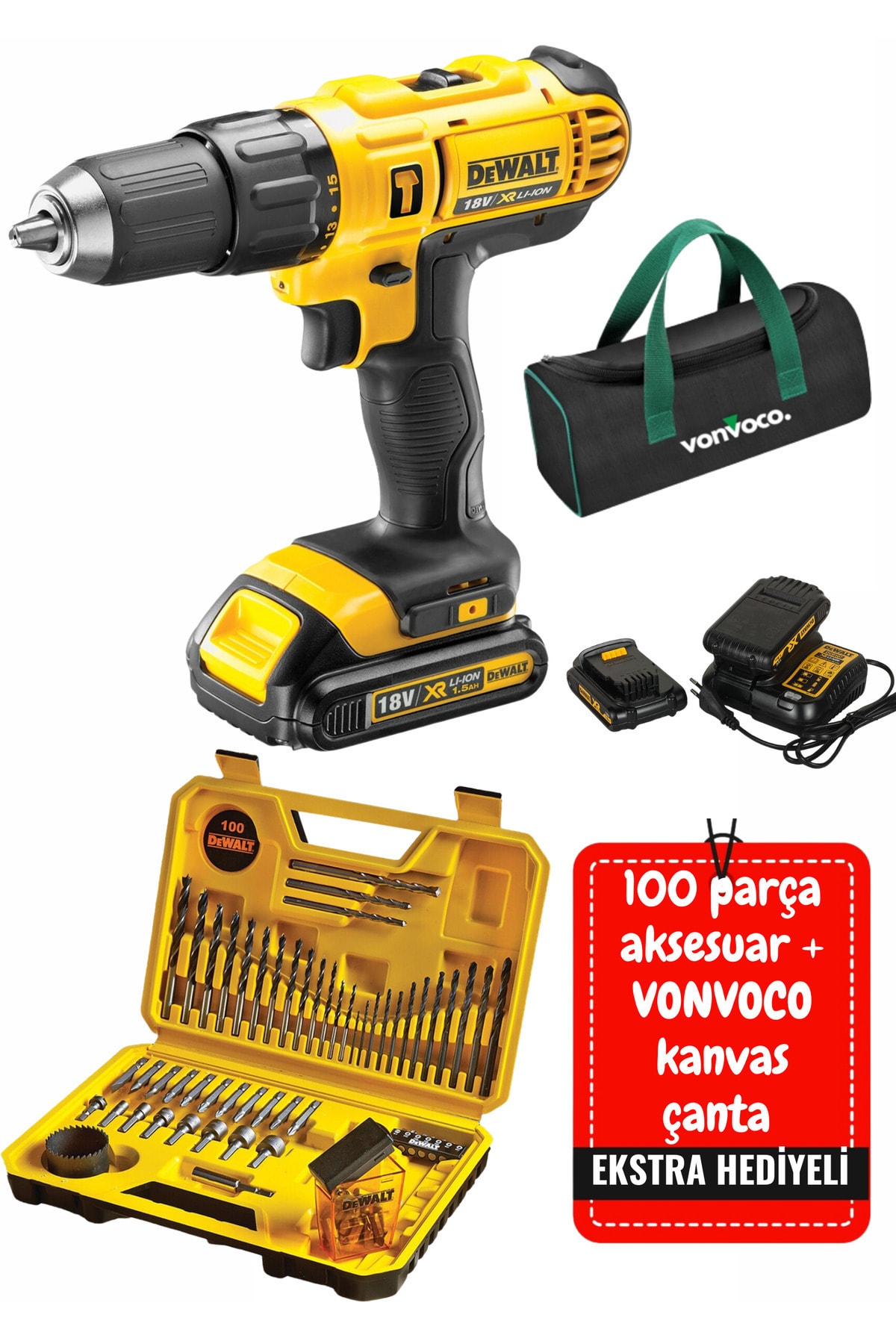 DEWALT DCD776S2-TR 18V 1.5 Ah Li-ion Şarjlı Darbeli Matkap Çift Akülü Vidalama