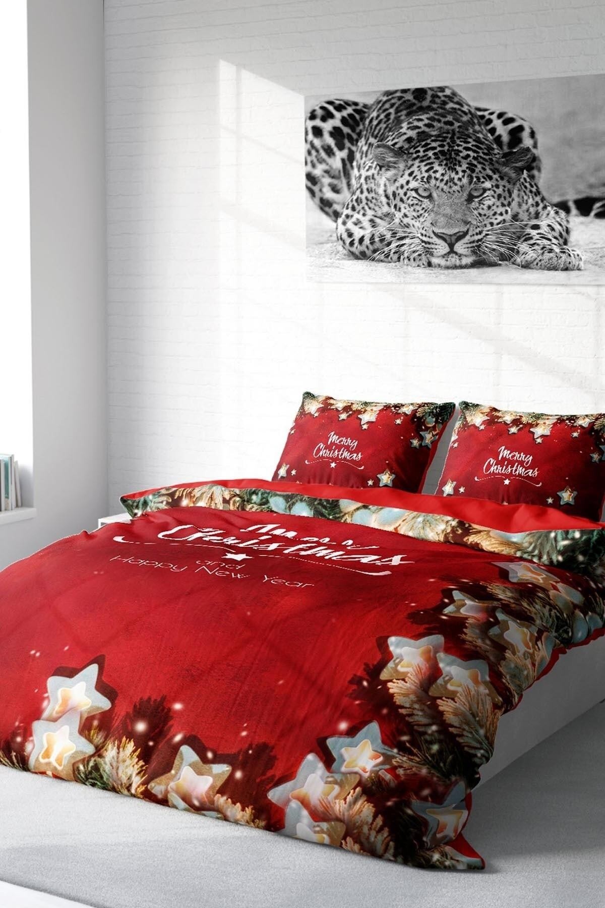 KING SIZE Yılbaşı Süsü Merry Christmas Çift Kişilik 3D Nevresim Takımı Pamuk Saten Red Stars
