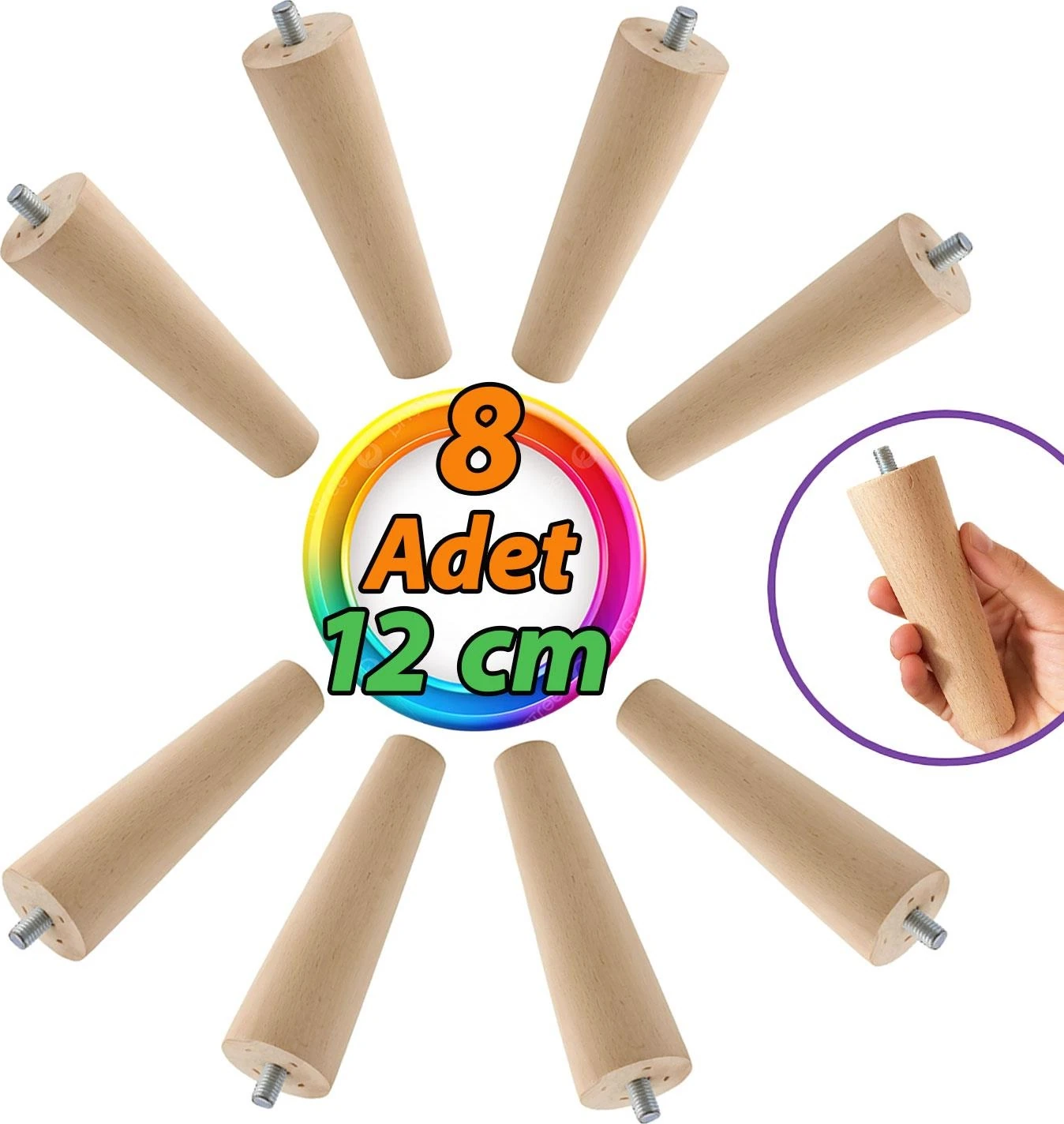 8 Adet Ahşap 12 cm Dolap Mobilya Koltuk Kanepe Destek Ayağı - Konik M8 Civatalı