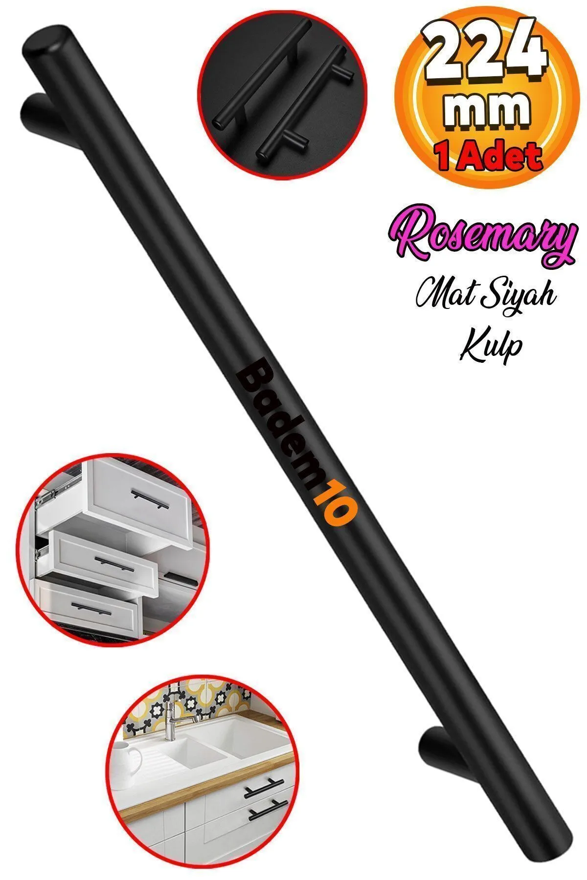 BADEM10 Rosemary (PREMİUM) 224 Mm Metal Siyah Mobilya Mutfak Çekmece Dolap Dolabı Kulpu Kulbu Kulpları