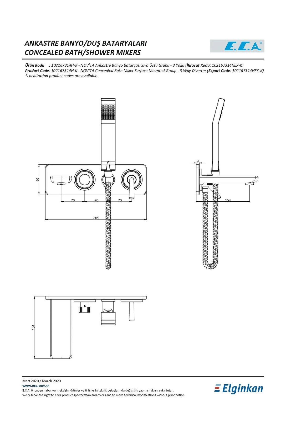 Novita Ankastre Banyo Bataryası Duşlu 3 Parça Set / 3 Yollu ECA.ANKSET.BD304