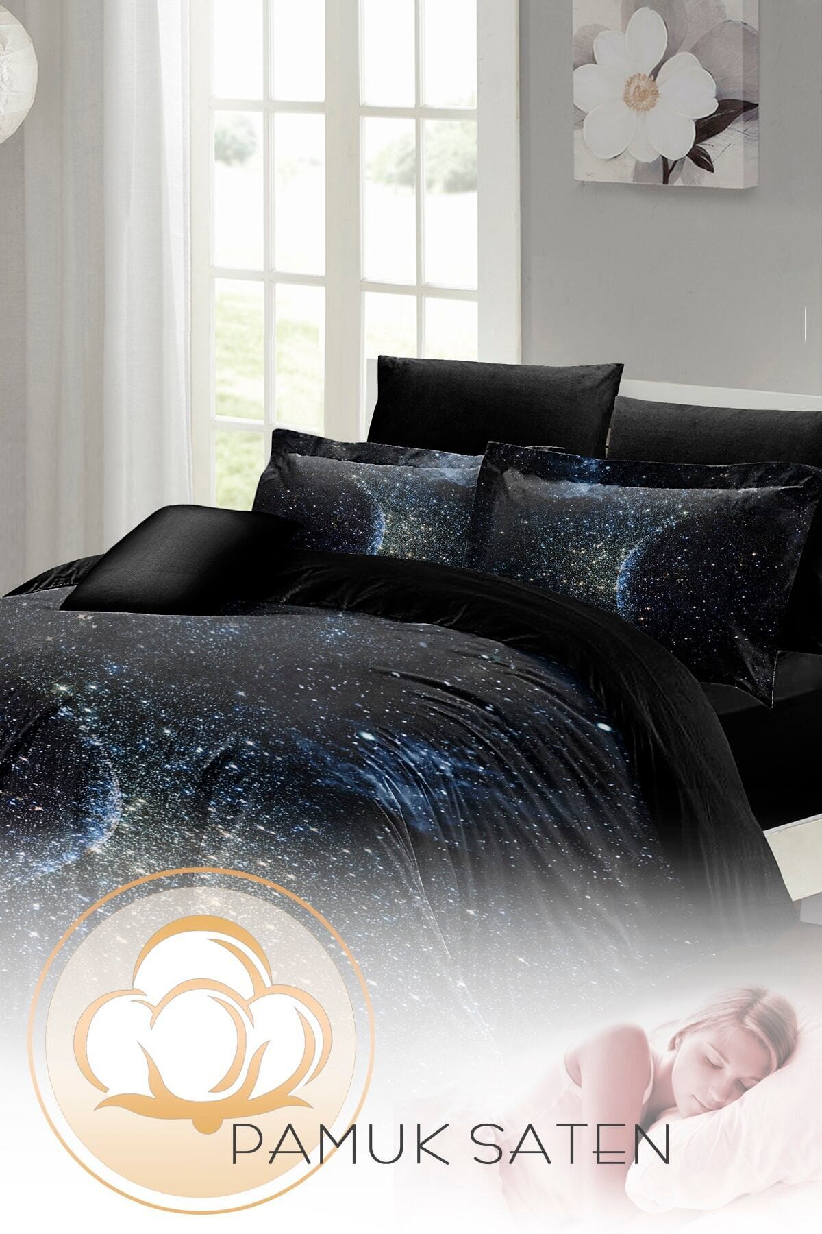 Kıng Sıze Çift Kişilik Nevresim Takımı Pamuk Saten 3d Özel Tasarım Star Moon 220x240cm