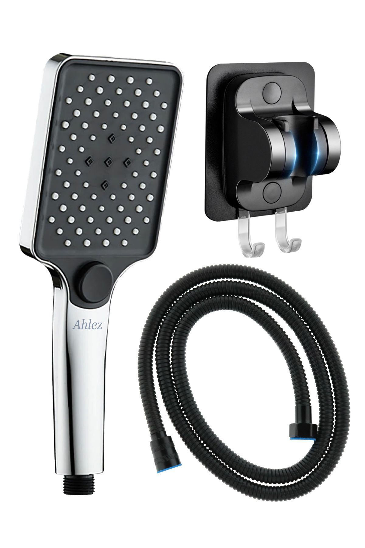 Aqua Kare 3 Fonksiyon Duş Başlığı , Askılıklı Siyah Yapışkanlı Mafsal ve Örgülü Duş Hortumu Duş Seti