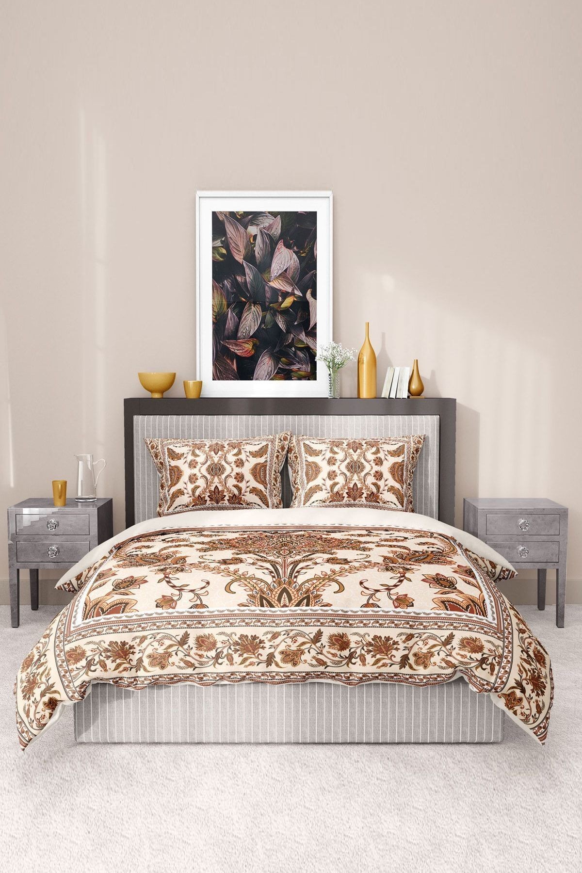%100 Pamuk Saten Nevresim Takımı Lastikli Çarşaf Deluxe Çift Kişilik 3d Damask