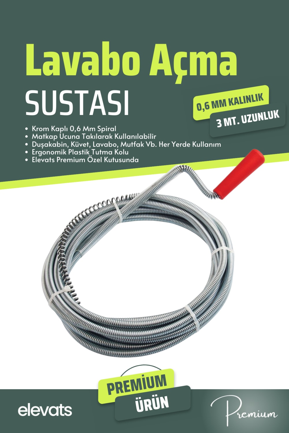 Premium 3 Metre Lavabo Açma Sustası Lavabo Gider Boruları Açma Teli