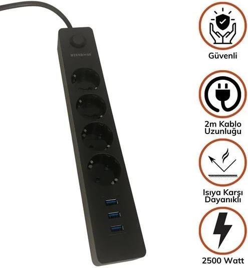 Bfs Termak Akım Korumalı 4 Priz 3 USB Girişli Uzatma Kablosu Güç&şarj