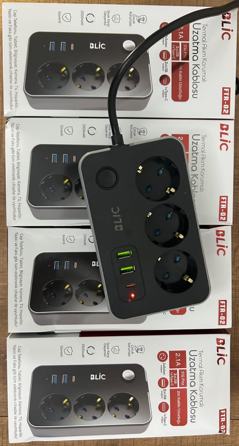 Blıc 2*usb-A,1*type-C, 2 Metre Kablolu Akım Korumalı Priz
