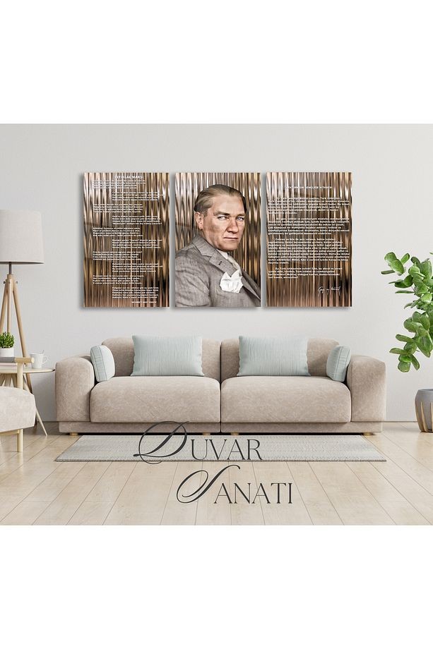 Atatürk İstiklal Marşı ve Gençliğe Hitabe Üçlü Set Cam Tablo, Modern Ofis Okul Hediyelik Büyük Tablo