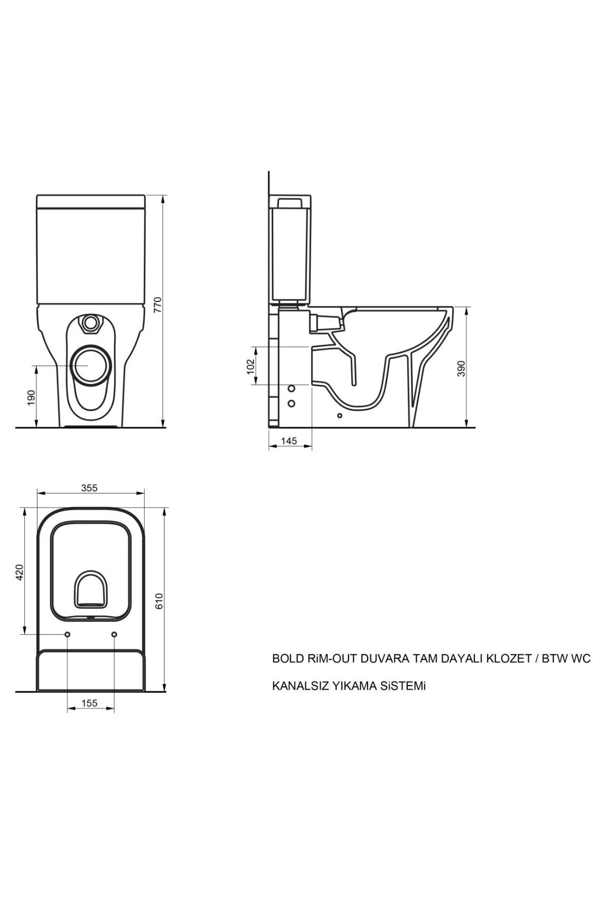 Bold Antrasit Kanalsız Duvara Sıfır Klozet Takımı A091030H, Bold Antrasit Duroplast Yavaş