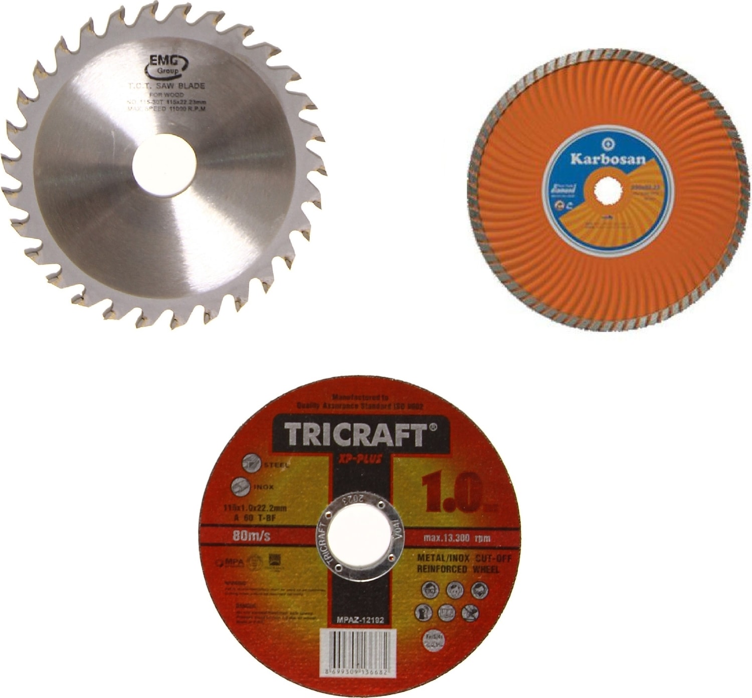 KARBOSAN 3'lü 115 mm Turbo Mermer Fayans Ahşap Metal Kesme Disk Seti