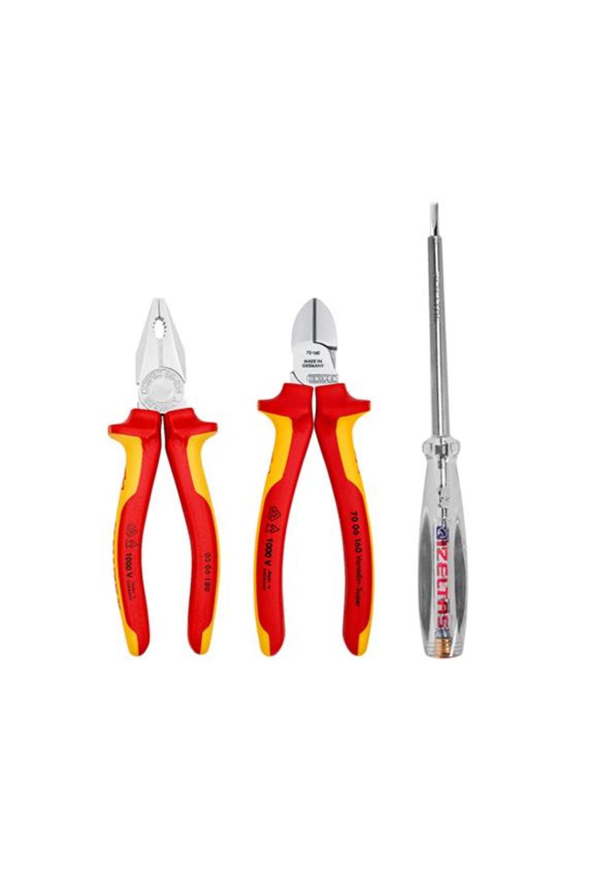 3'lü Set 1000v Kombine Pense 180 Mm 1000v Yan Keski 160 Mm Kontrol Kalemi 190 Mm