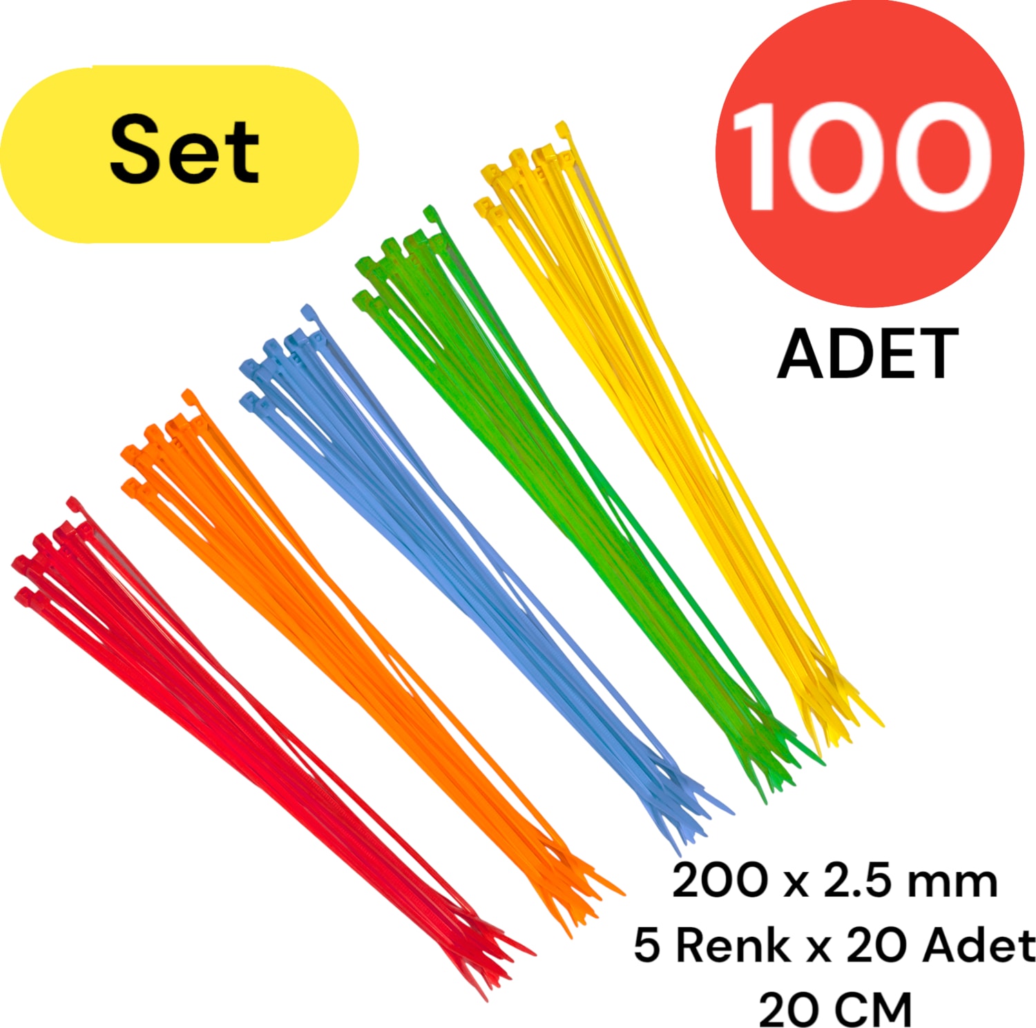 Plastik Kablo Bağı Klipsi Cırt Kelepçe Karışık Renk Set 200 mm 5 Renk x 20 Toplam 100 Adet