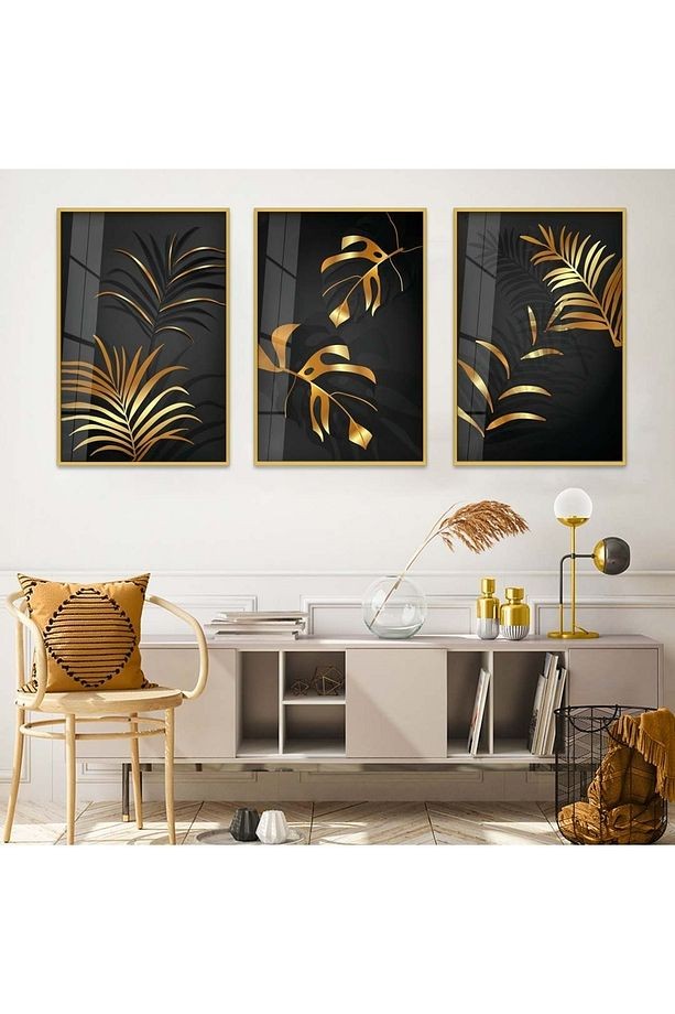 Gold Metal Çerçeveli Soyut Desen Çiçek Üçlü Kırılmaz Cam Tablo Seti