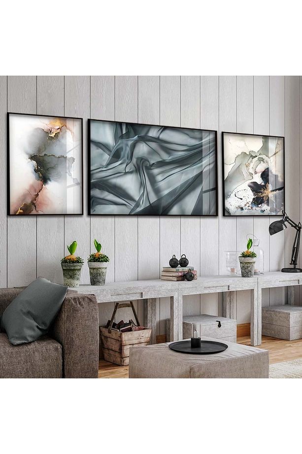 Siyah Metal Çerçeveli Modern Çizim Üçlü Kırılmaz Cam Tablo Seti