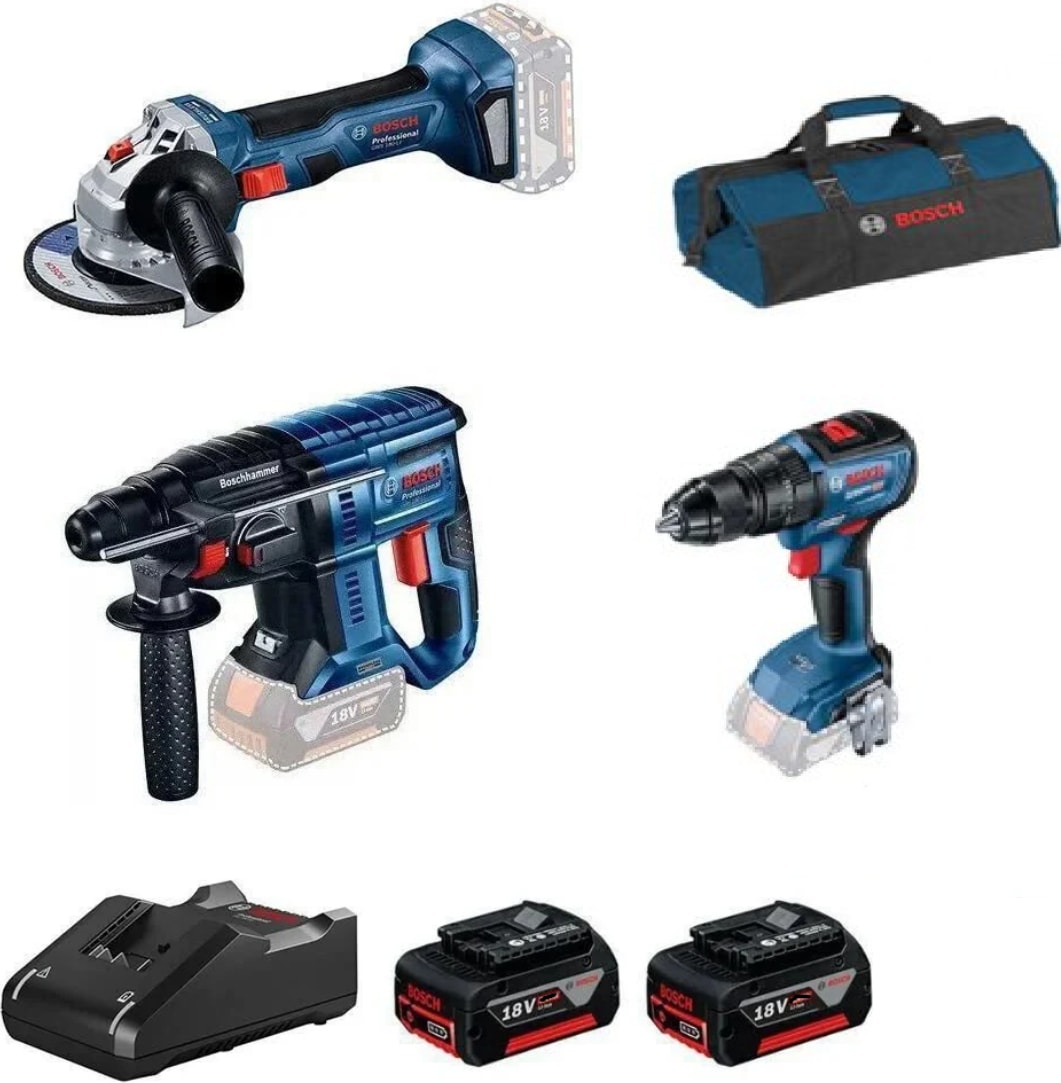 BOSCH GSB18V-50 Darbeli VİDALAMA+GBH180 Kırıcı DELİCİ+GWS180 Taşlama+ 2x 4 Ah Akü+1 Adet Dolum Cihazı