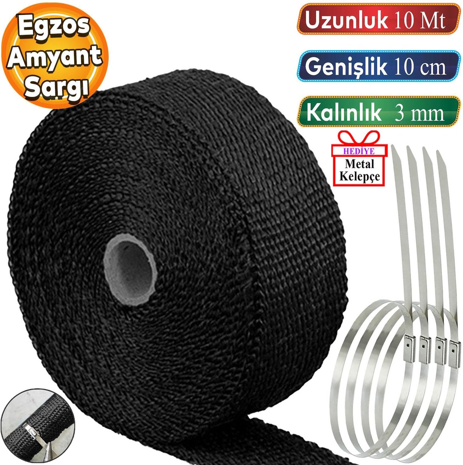 10 Metre 10 cm Cam Elyaf Eksoz Sargısı Metal Kelepçe Manifold Sargı Bezi Yanmaz Bant Siyah Amyant 3 mm (Kalınlık)