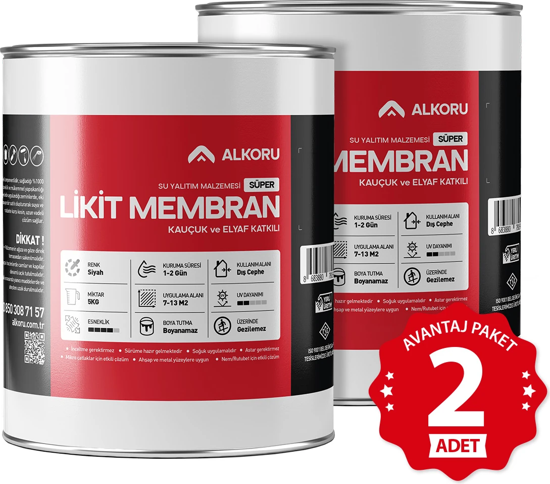 2 Adet 5 kg Süper Likit Membran Kauçuk ve Elyaf Katkılı Sıvı Su Yalıtım Malzemesi Avantaj Paket